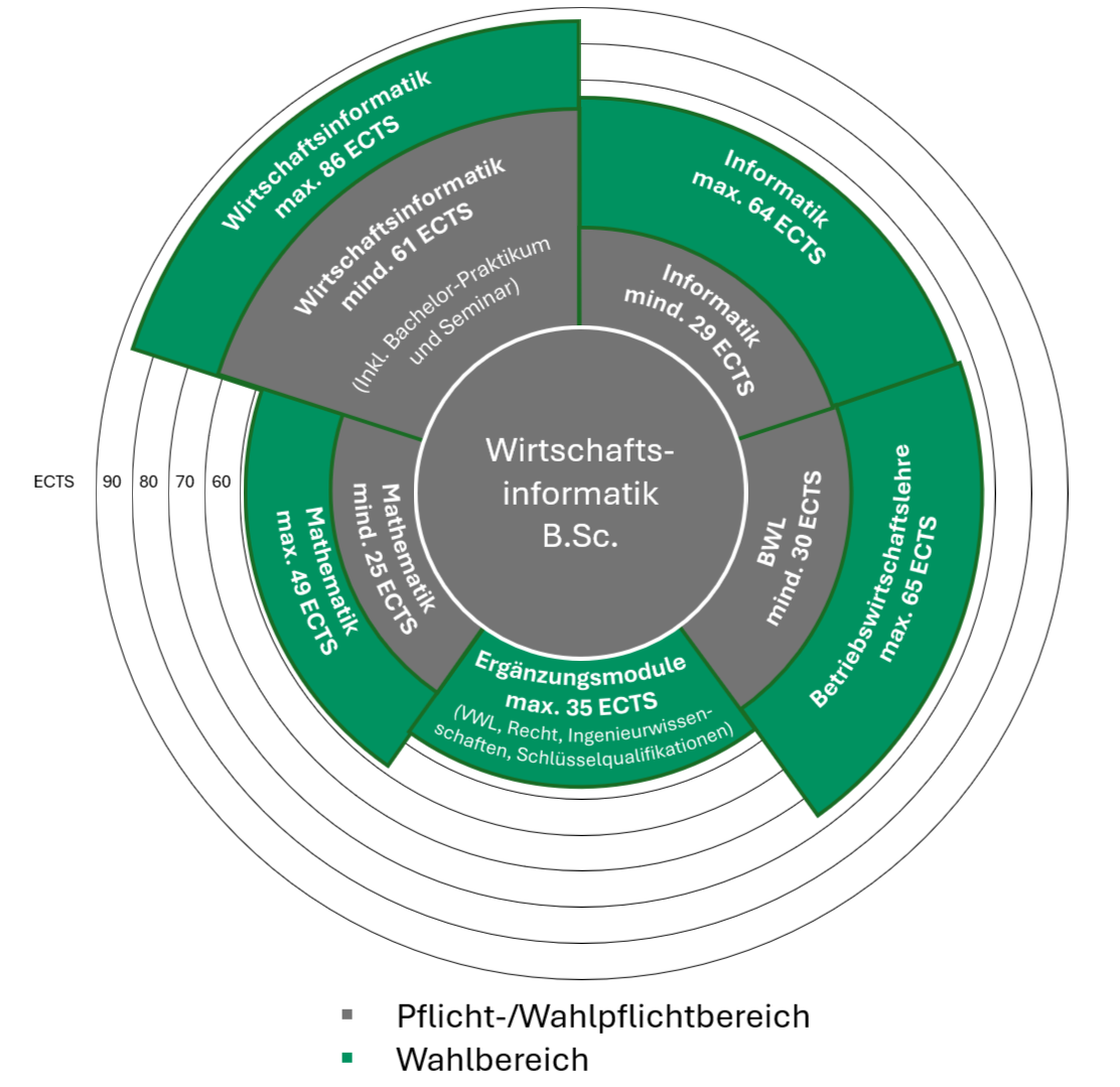 Kreisgrafik, in der die verschiedenen Modulbereiche des Wirtschaftsinformatik-Bachelorstudiengangs dargestellt werden